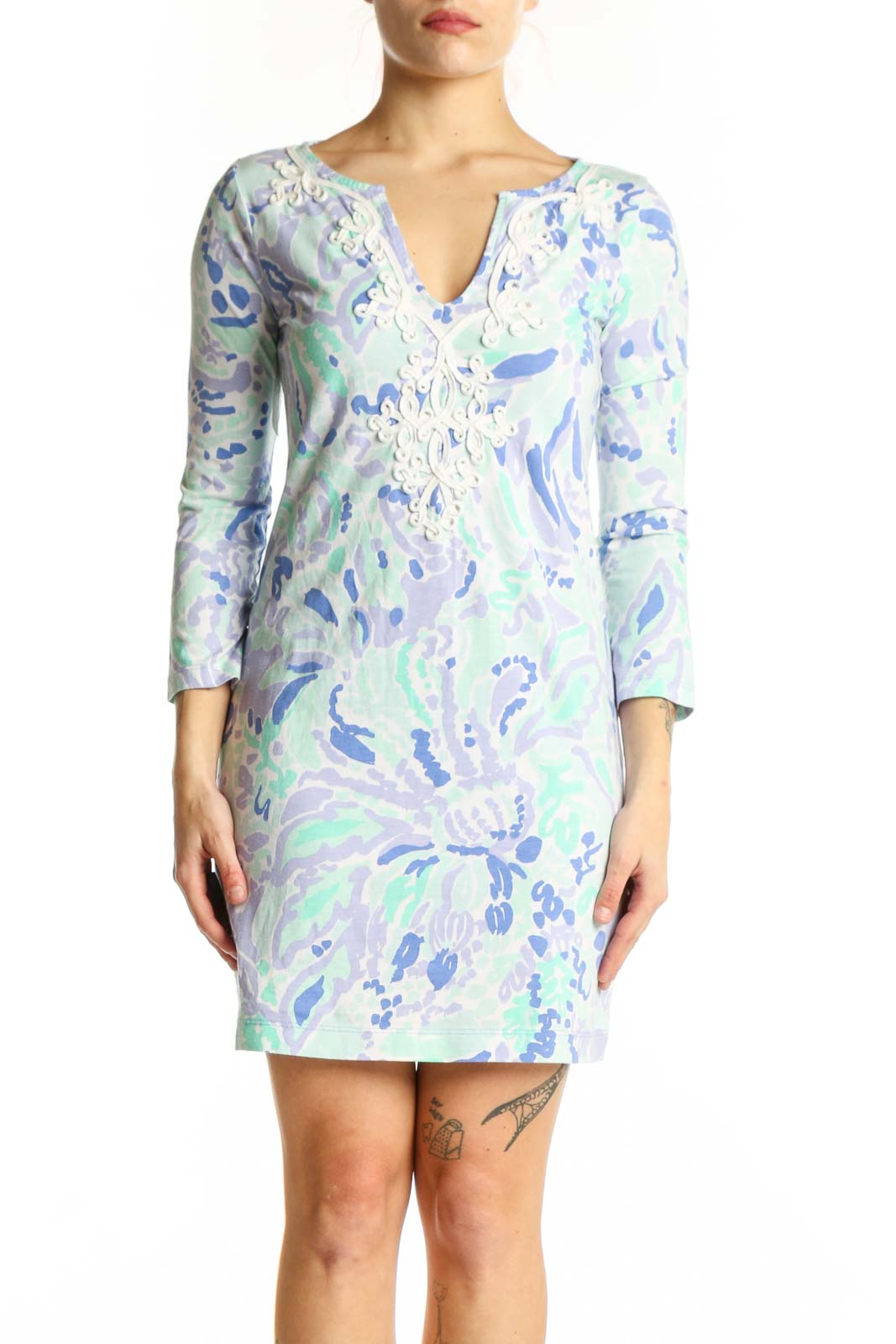 Blue Floral Pima Cotton Shift Dress Front