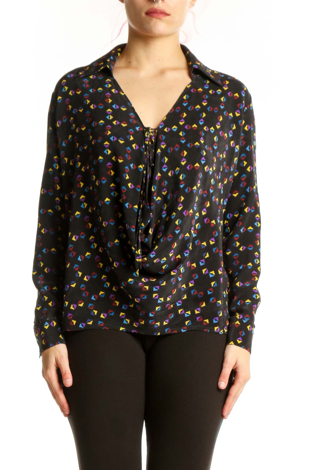Black Silk Floral Print Blouse Front