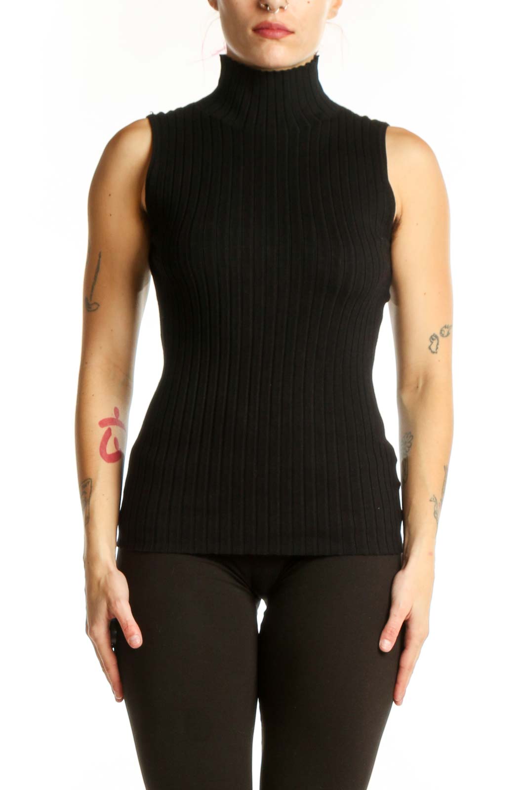 Black Ribbed Turtleneck Sleeveless Top Front