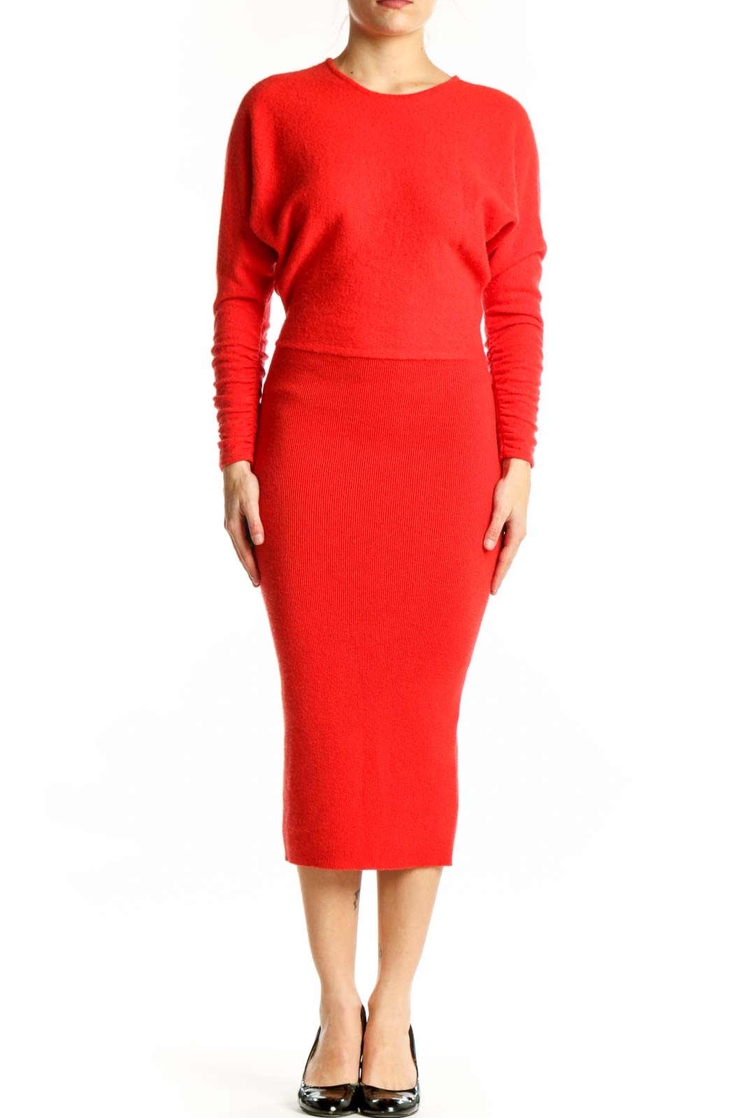 Red Long Sleeve Midi Dress Front