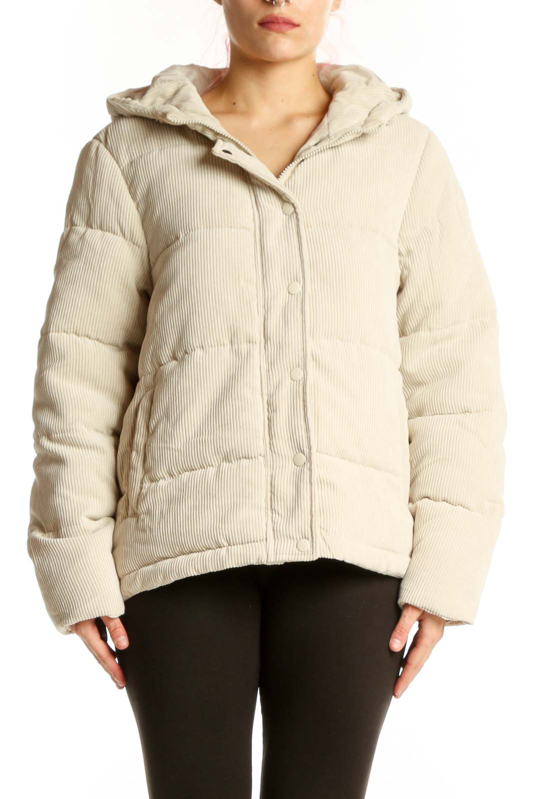 Cream Quilted Puffer Jacket with Hood Front