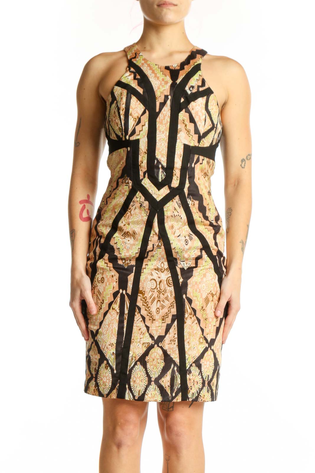 Cream Geometric Print Sleeveless Dress Front