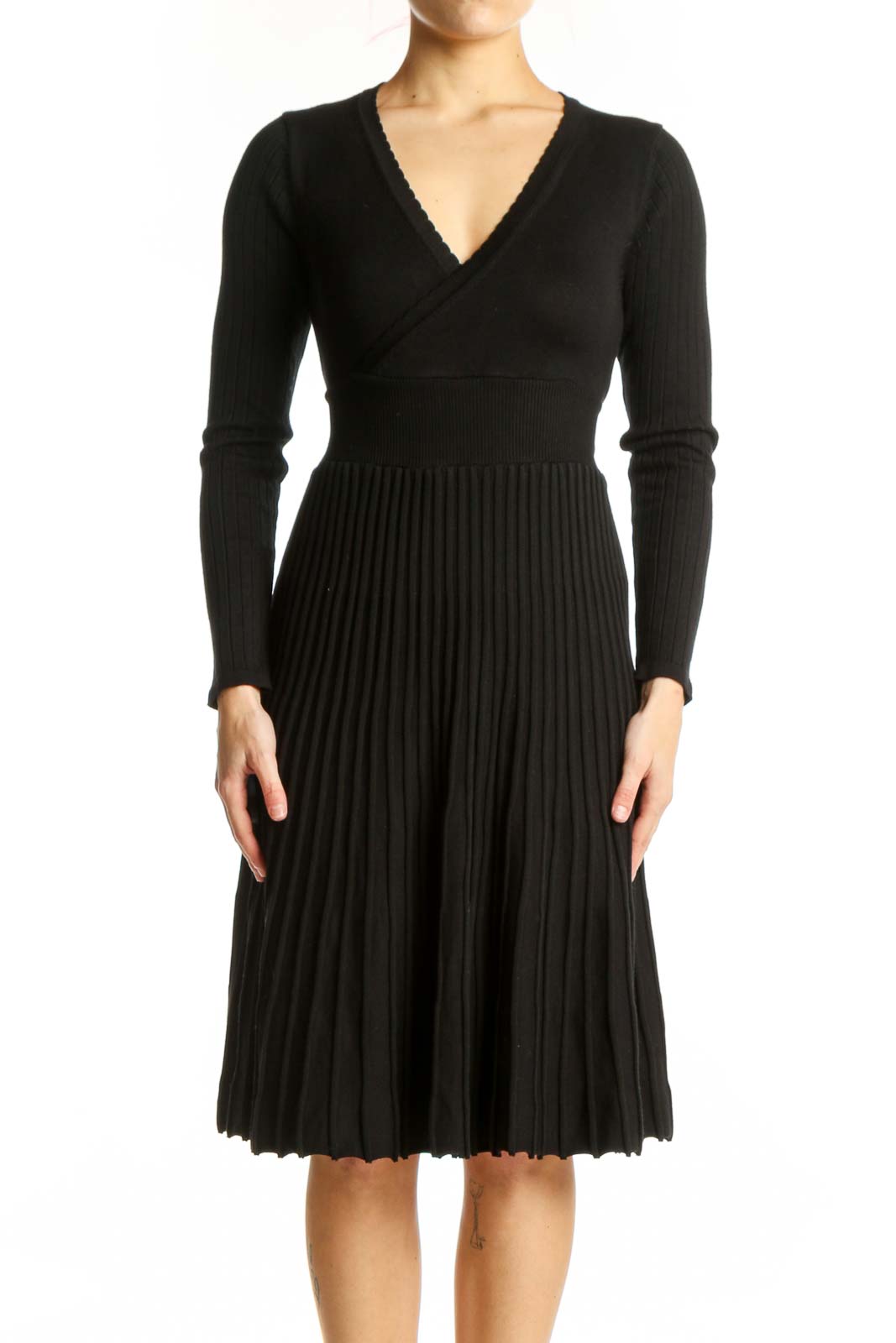 Black Pleated Wrap Midi Dress Front