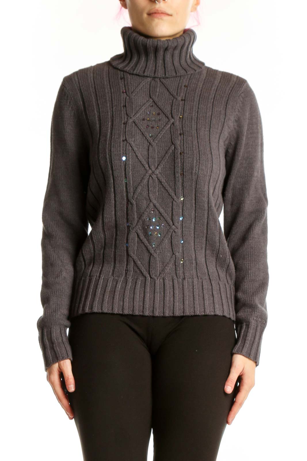 Gray Cable Knit Turtleneck Pullover Front