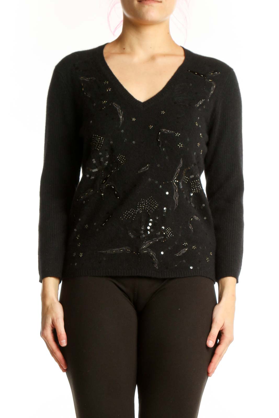 Black Embellished Merino Wool V-Neck Pullover Front