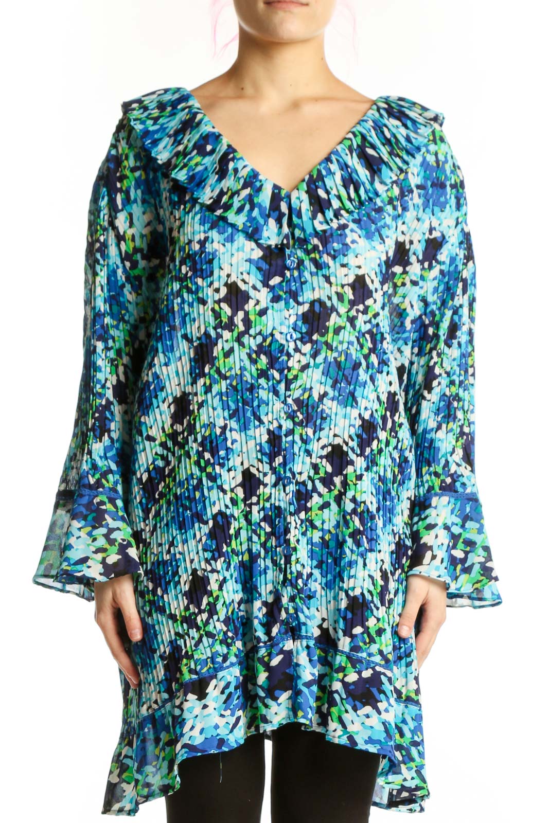 Blue Floral Pleated Tunic Top Front