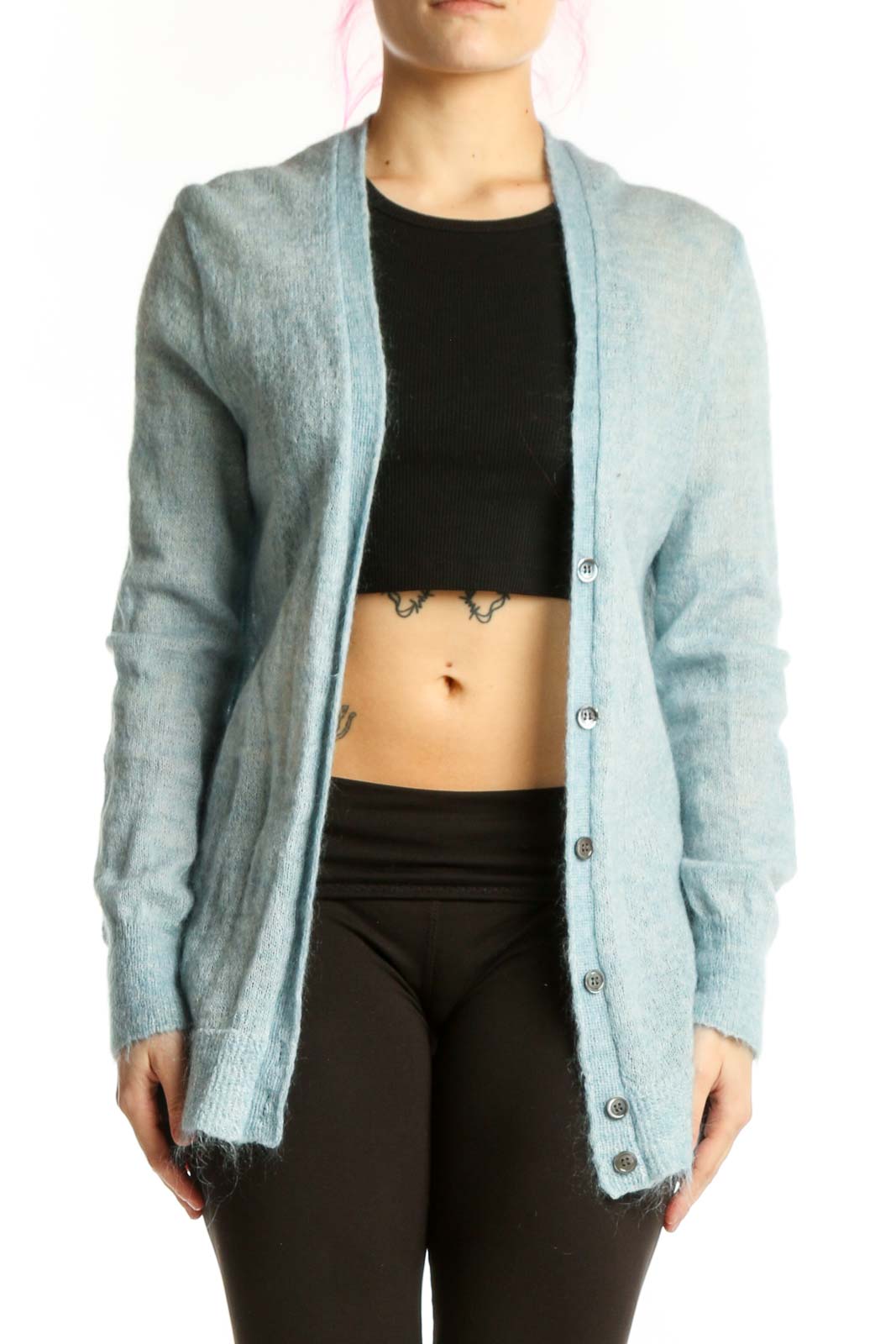 Blue Mohair Knit Cardigan Sweater Front