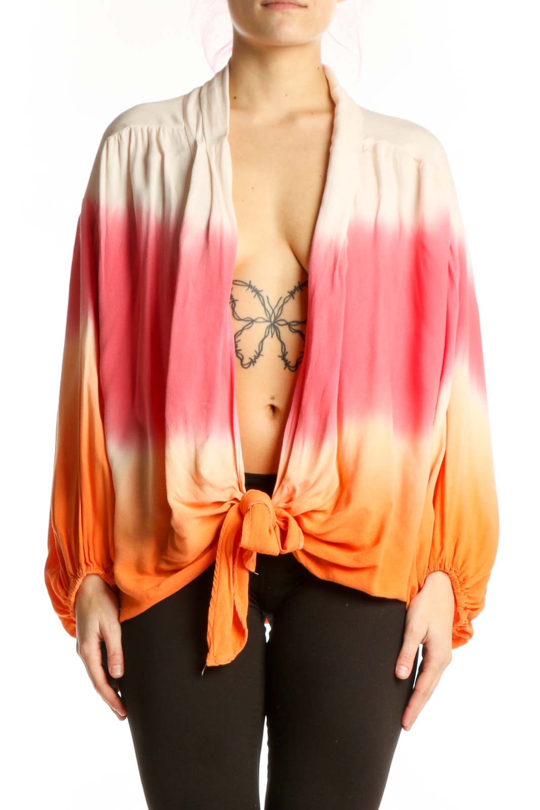 Cream Pink Orange Ombre Tie Front Cardigan Front