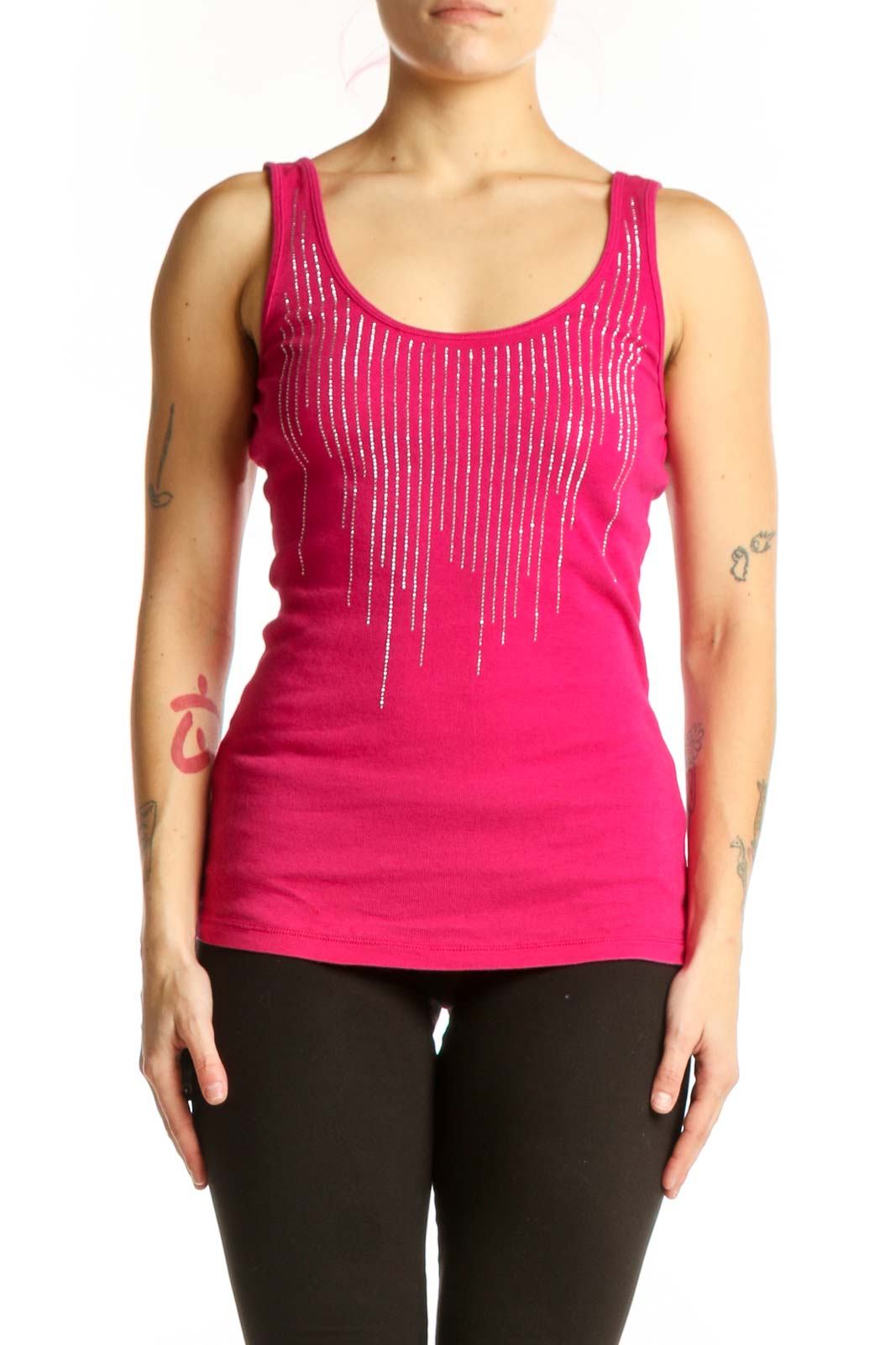 Pink Beaded Tank Top with Rhinestone Detail Front