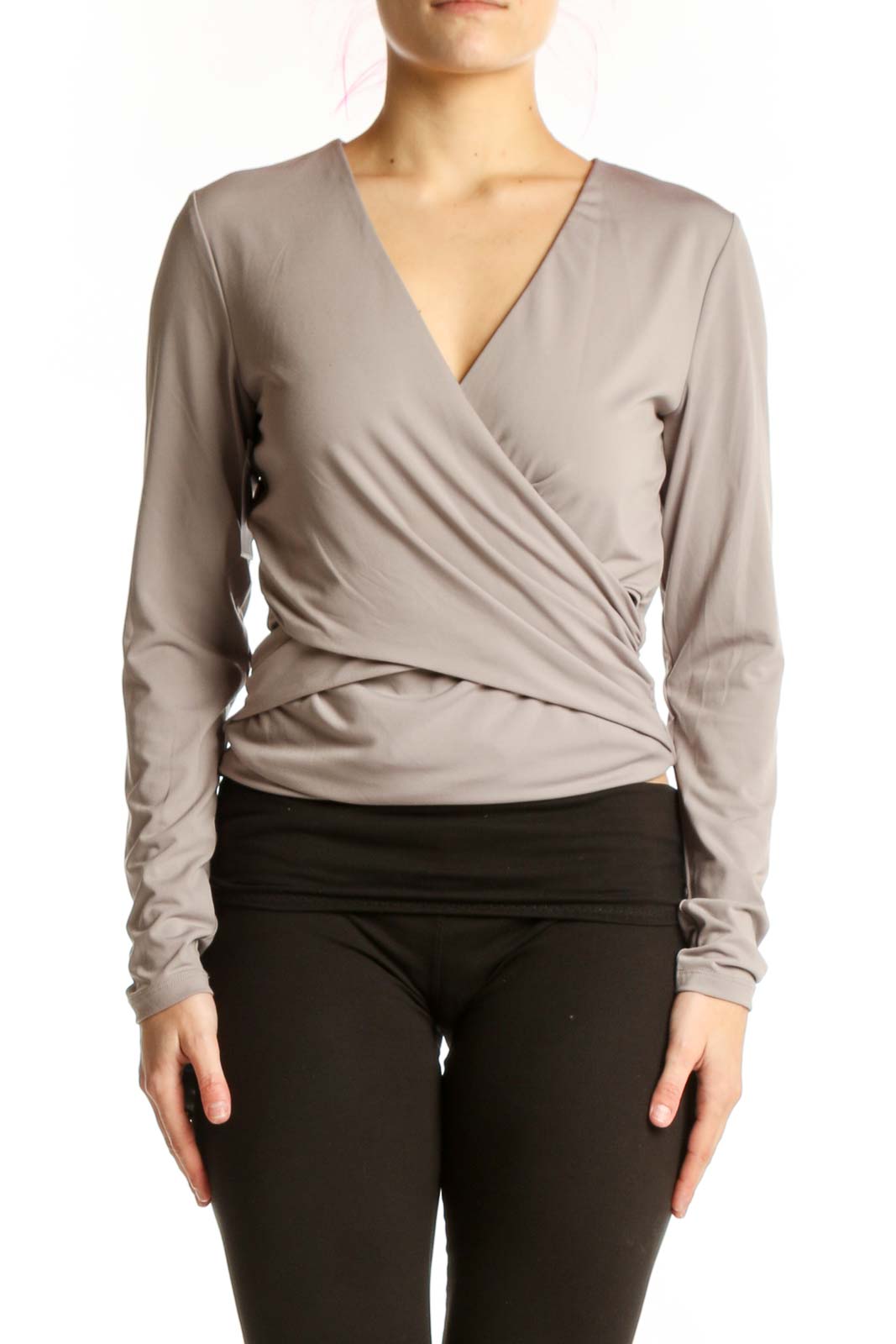 Beige Wrap Long Sleeve Top Front