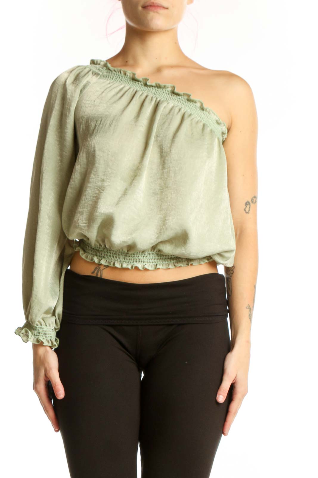 Sage Green One-Shoulder Ruched Crop Top Front