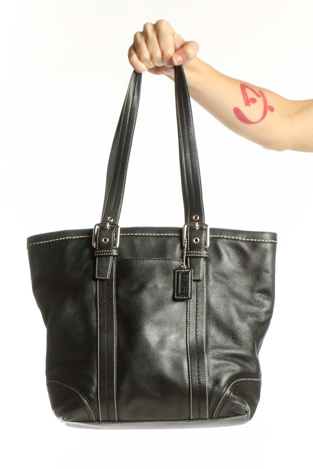 Black Leather Coach Satchel Tote Front