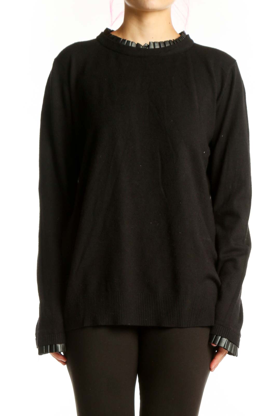 Black Knit Sweater with Ruffle Trim Front