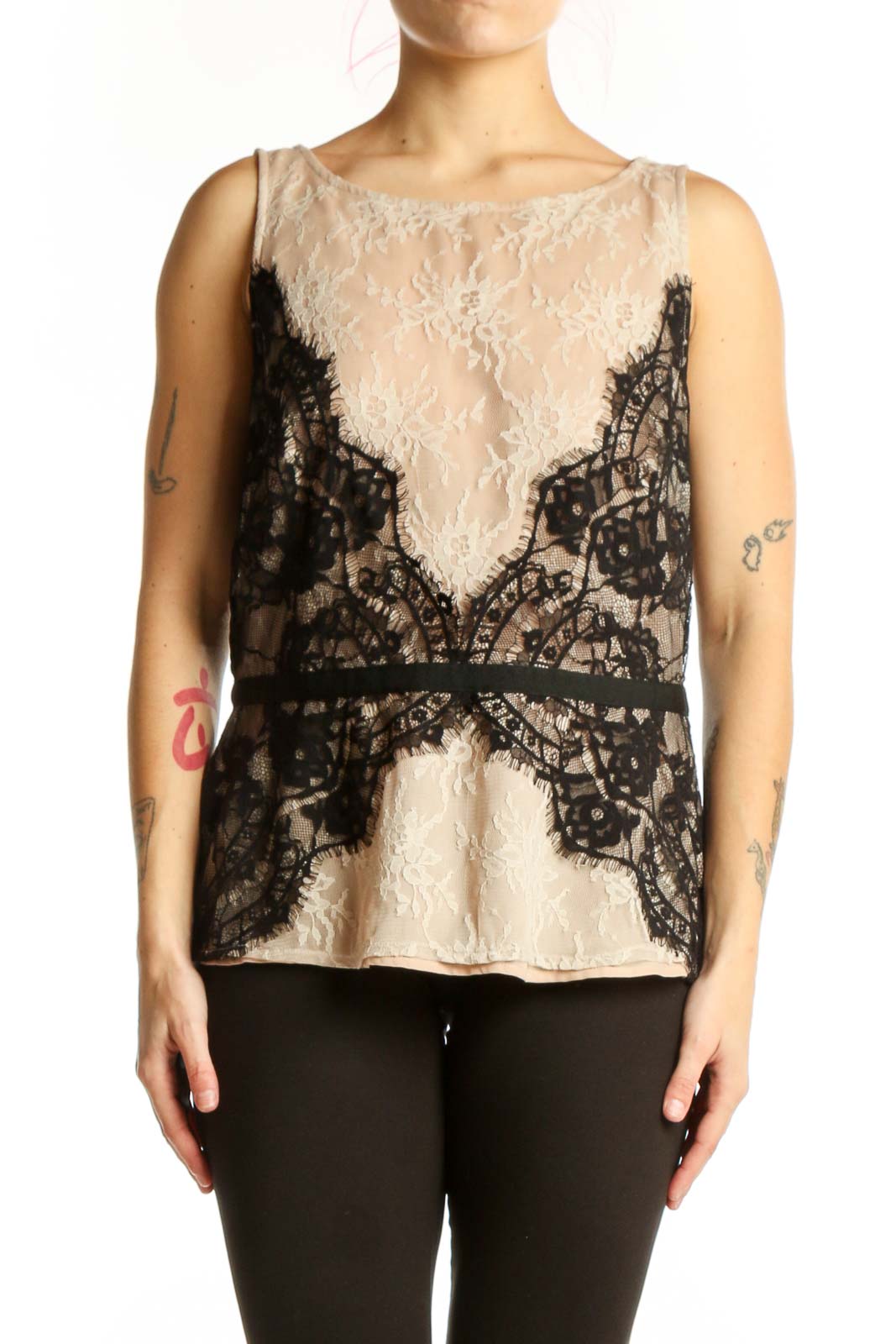 Cream and Black Lace Sleeveless Top Front