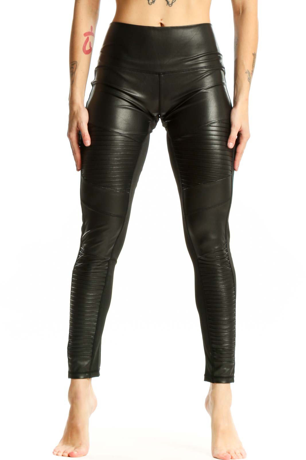 Black Ruched Faux Leather Leggings Front