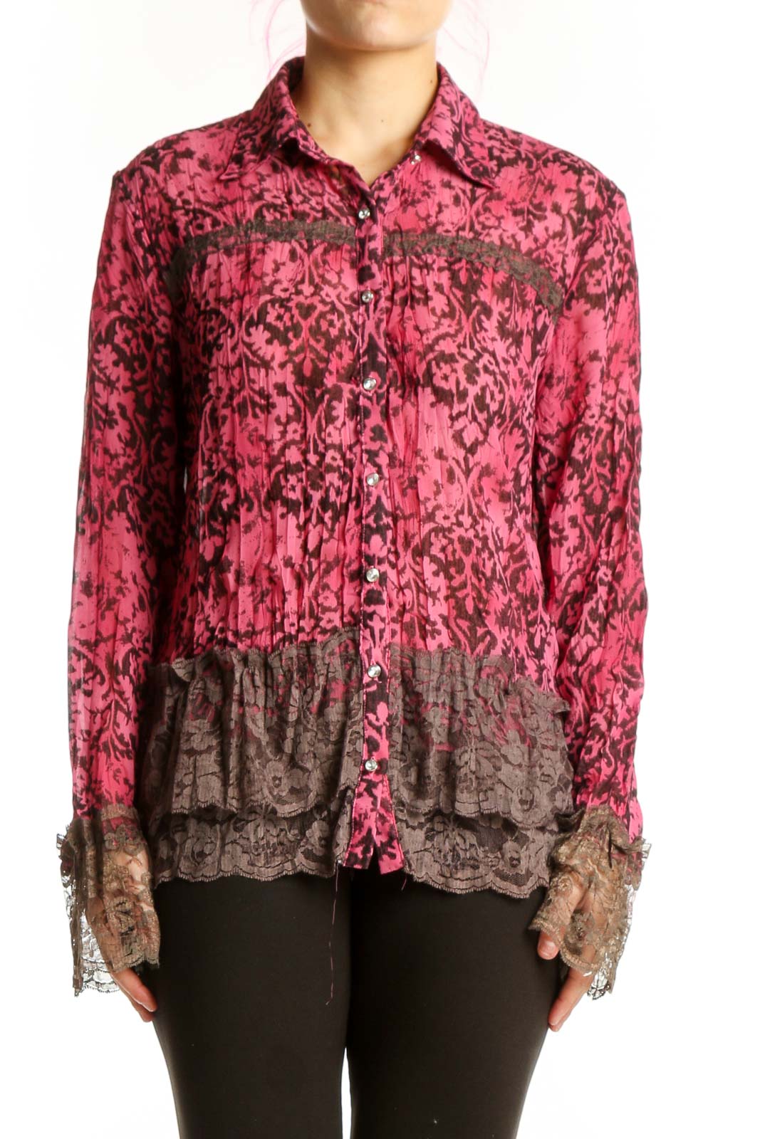 Burgundy Damask Lace Button-Up Blouse Front