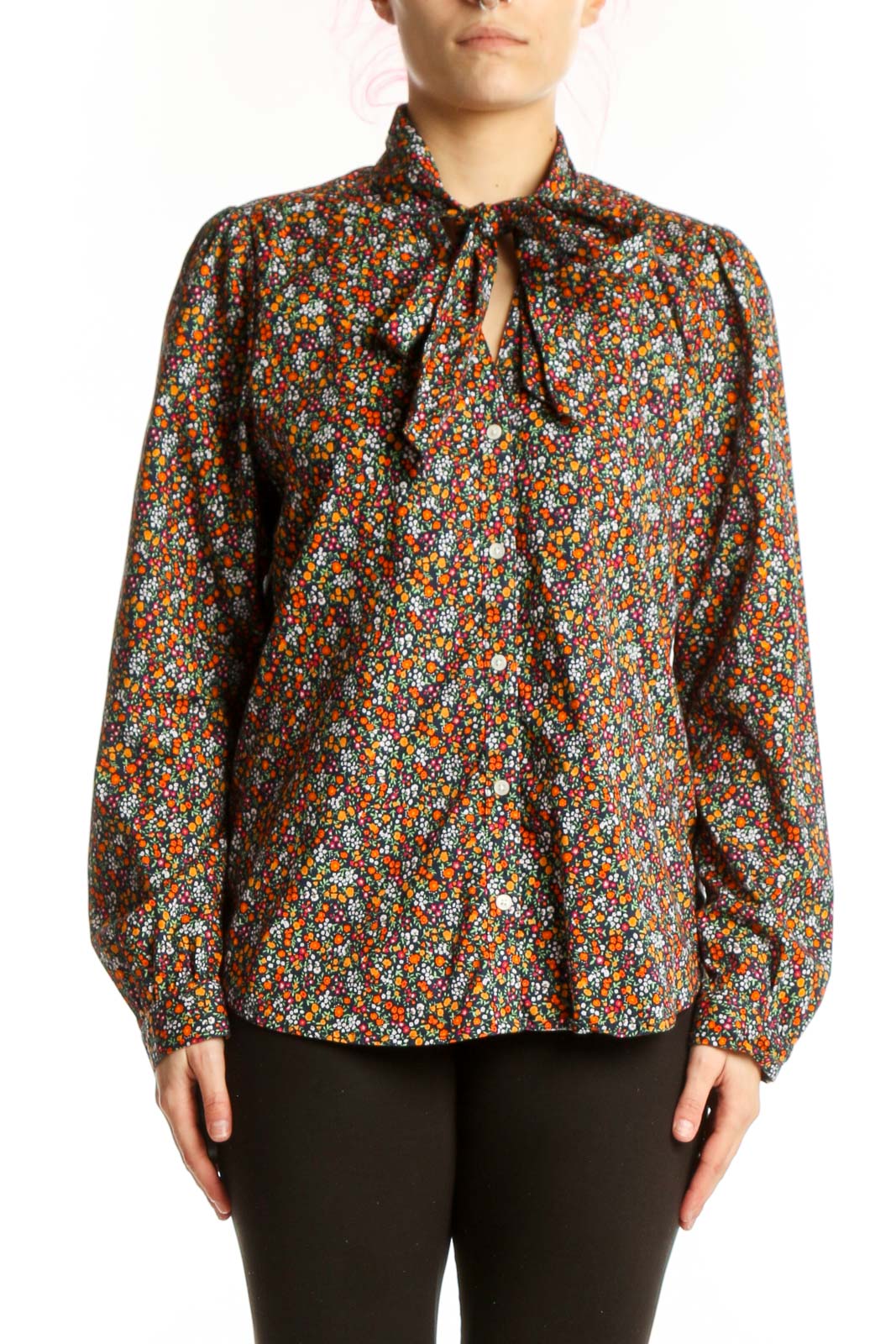 Multicolor Floral Print Tie-Neck Blouse Front