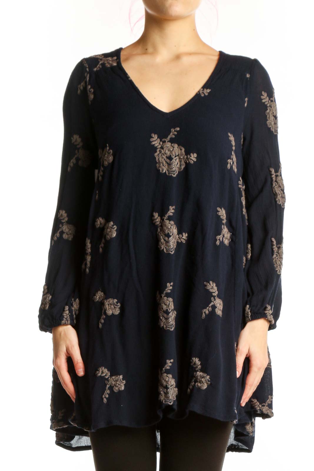 Navy Floral Print V-Neck Tunic Top Front