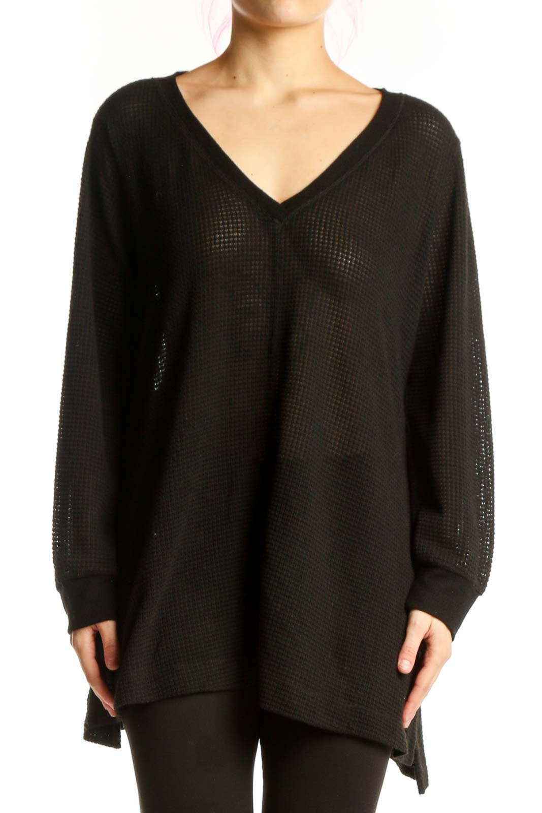 Black Waffle Knit V-Neck Tunic Front