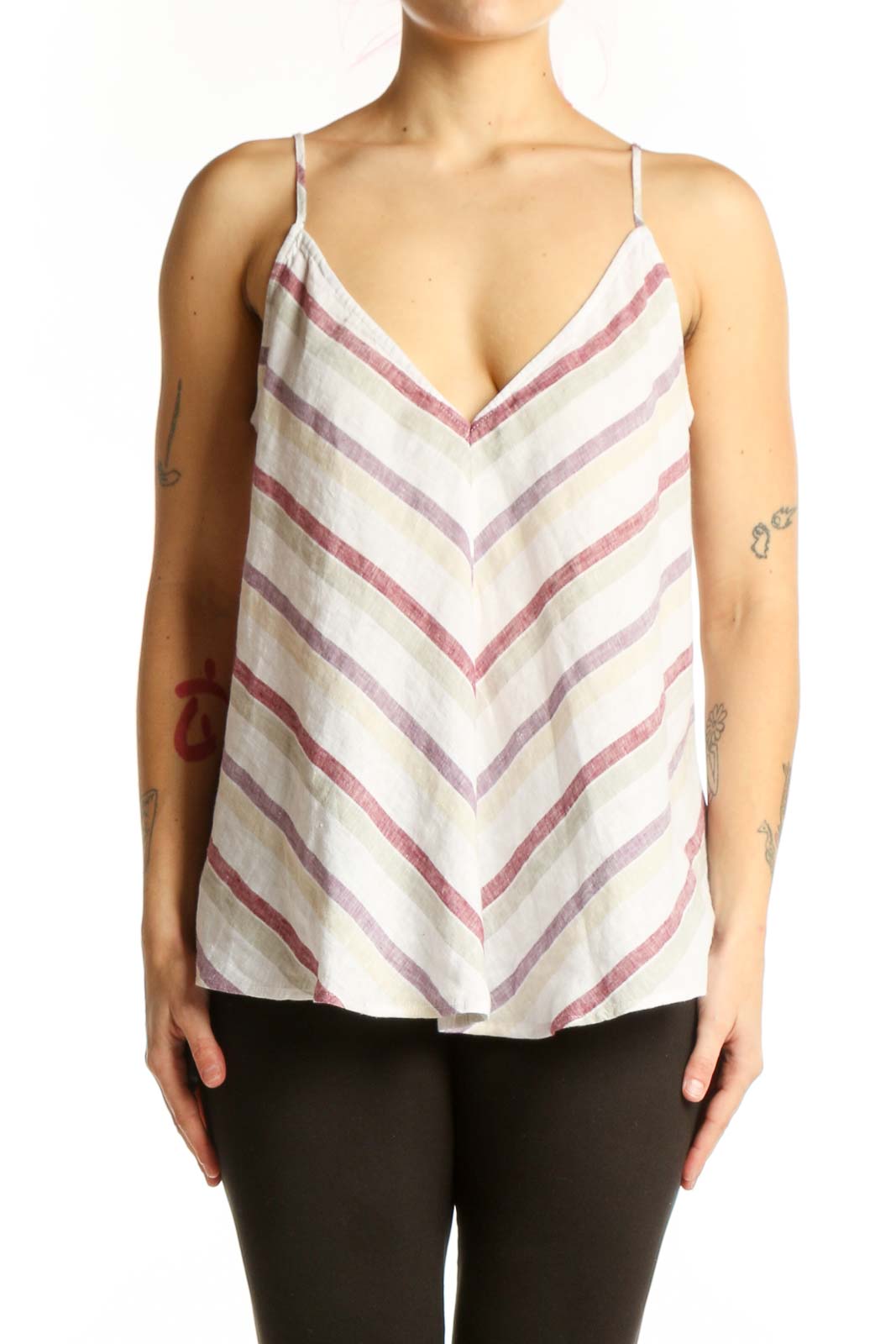 Cream Striped Linen Camisole Top Front