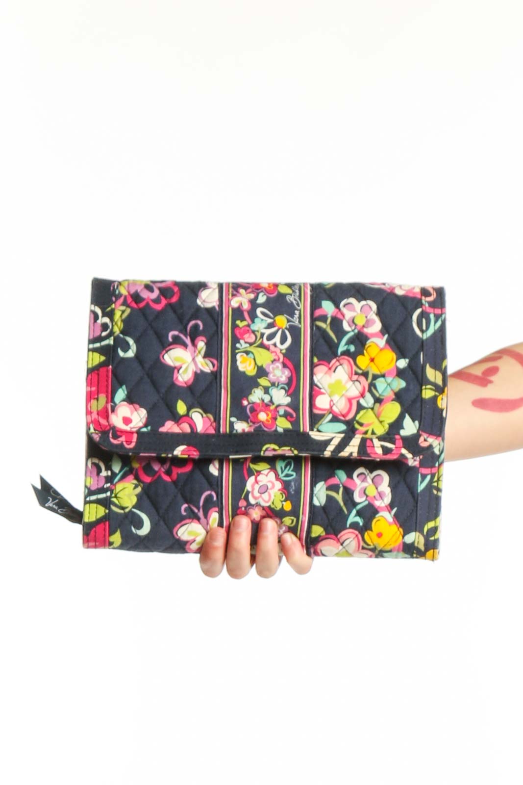 Black Floral Quilted Clutch Wallet Front