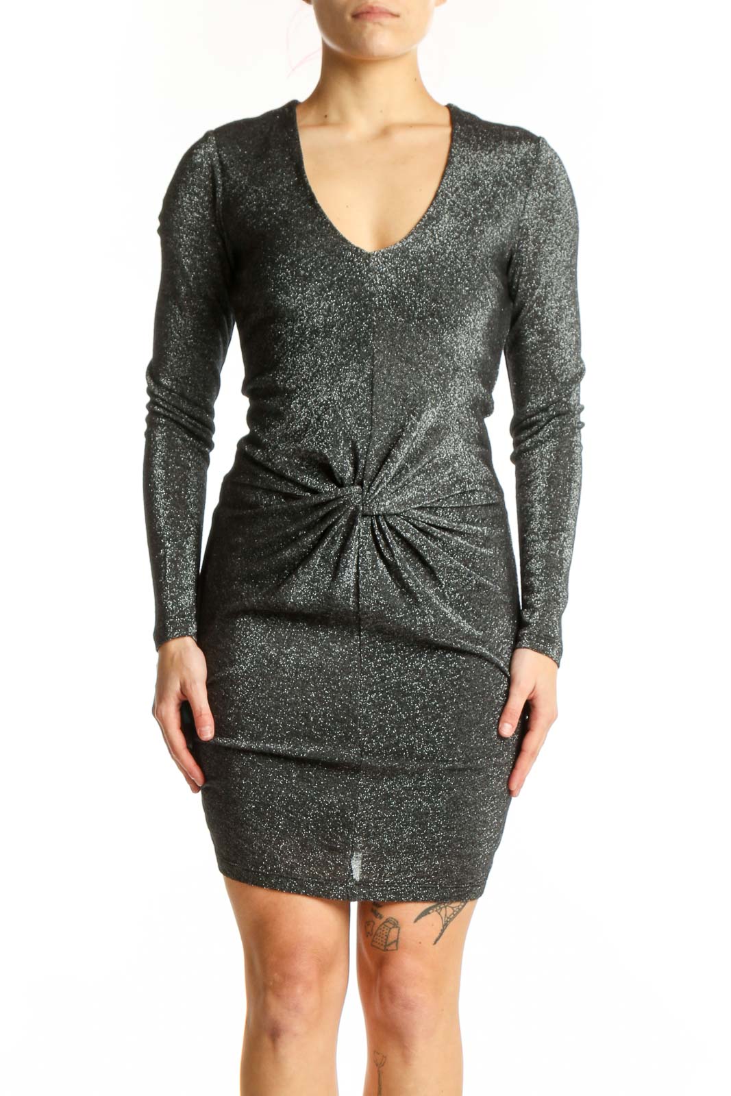 Gray Metallic Twist Front Knit Dress Front