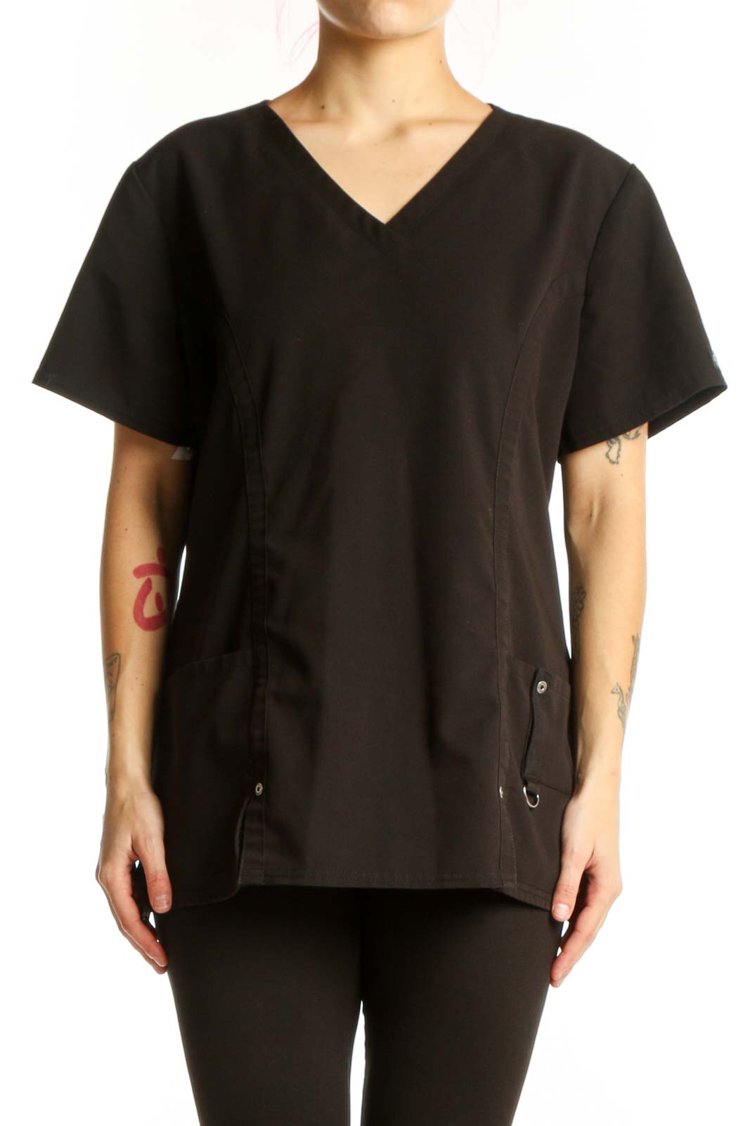 Black V-Neck Medical Scrub Top Front