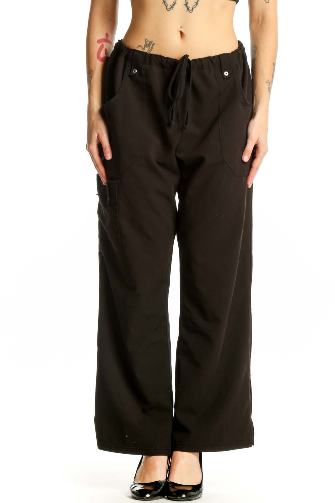 Black Cargo Pants with Drawstring Waist Front