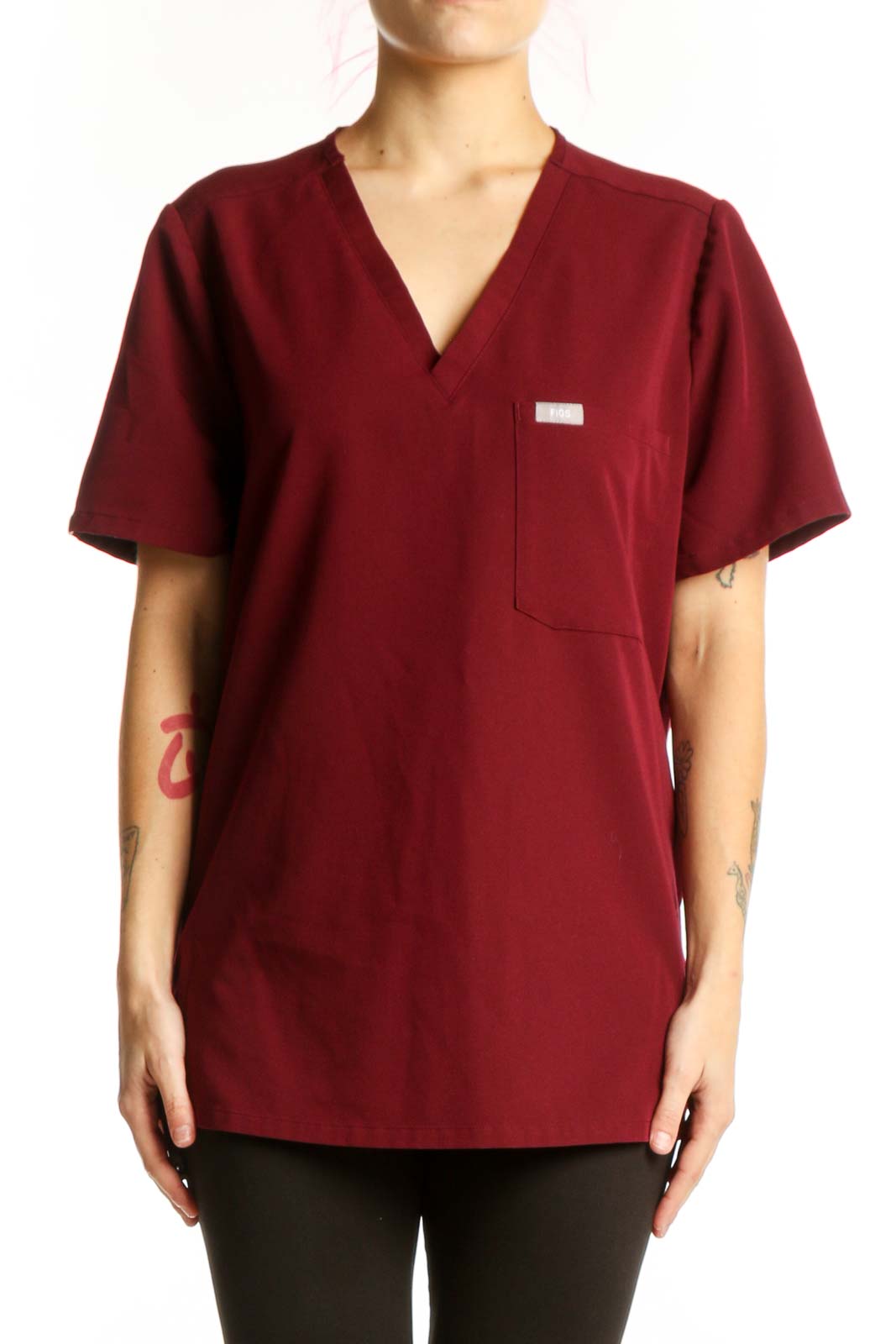 Burgundy V-Neck Medical Scrub Top Front