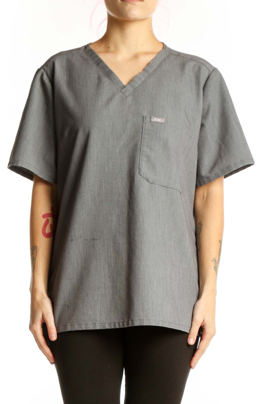 Gray V-Neck Medical Scrub Top Front