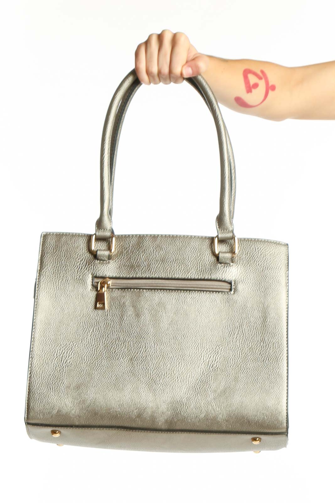 Silver Metallic Tote Bag with Gold Hardware Front