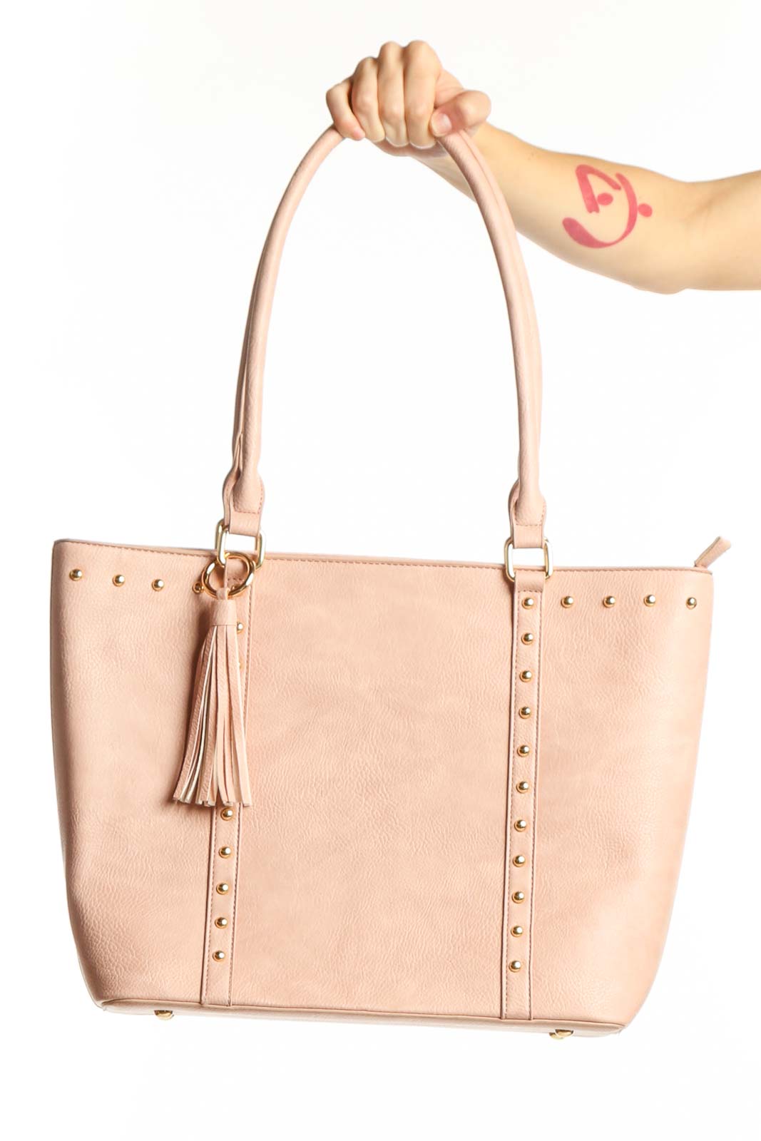 Blush Pink Studded Tote Bag with Tassel Front