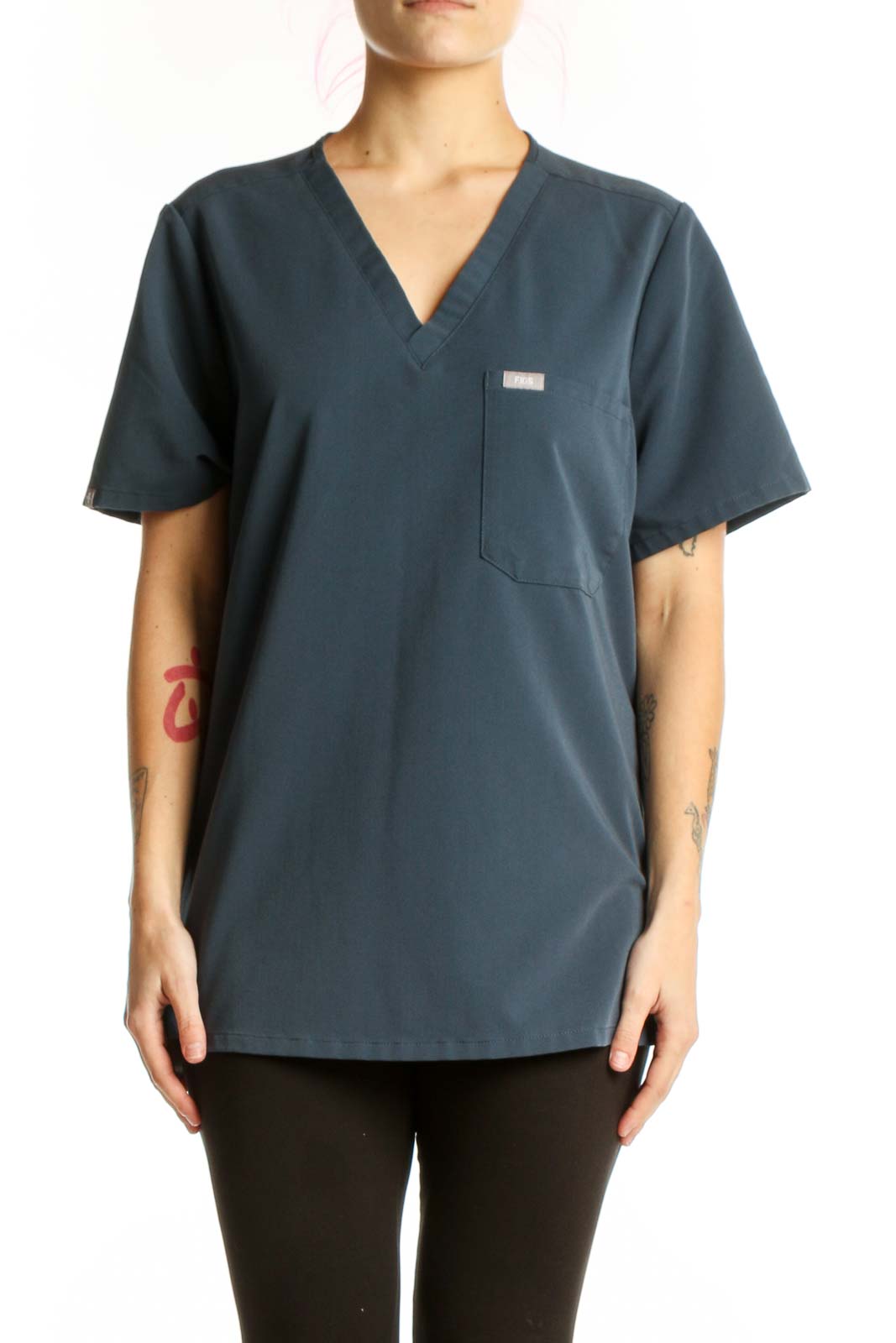 Navy V-Neck Medical Scrub Top Front
