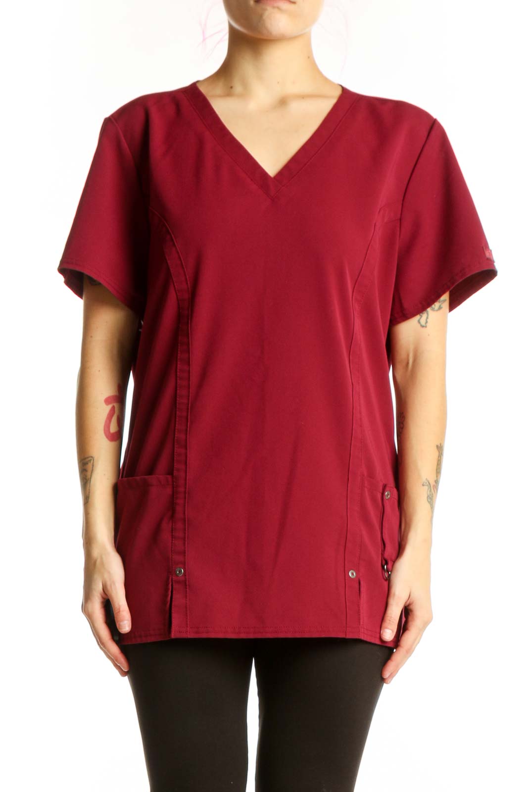 Burgundy V-Neck Short Sleeve Medical Top Front
