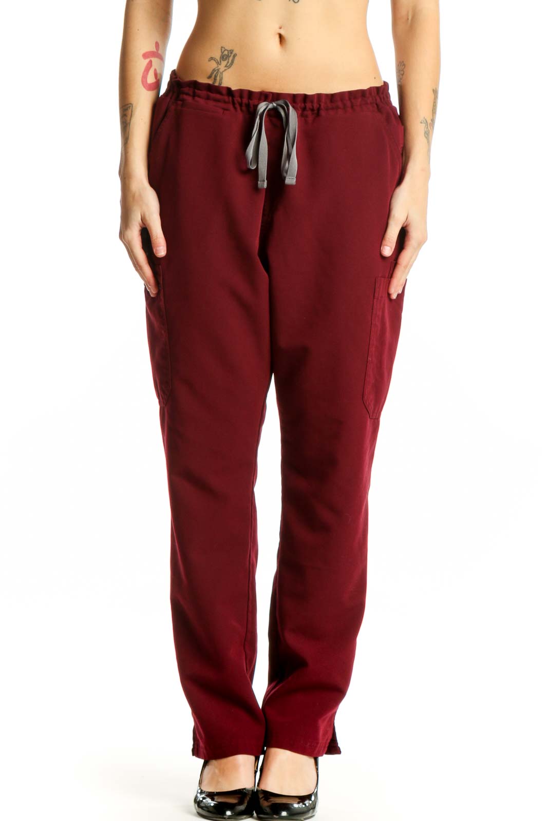 Burgundy Drawstring Cargo Pants Front