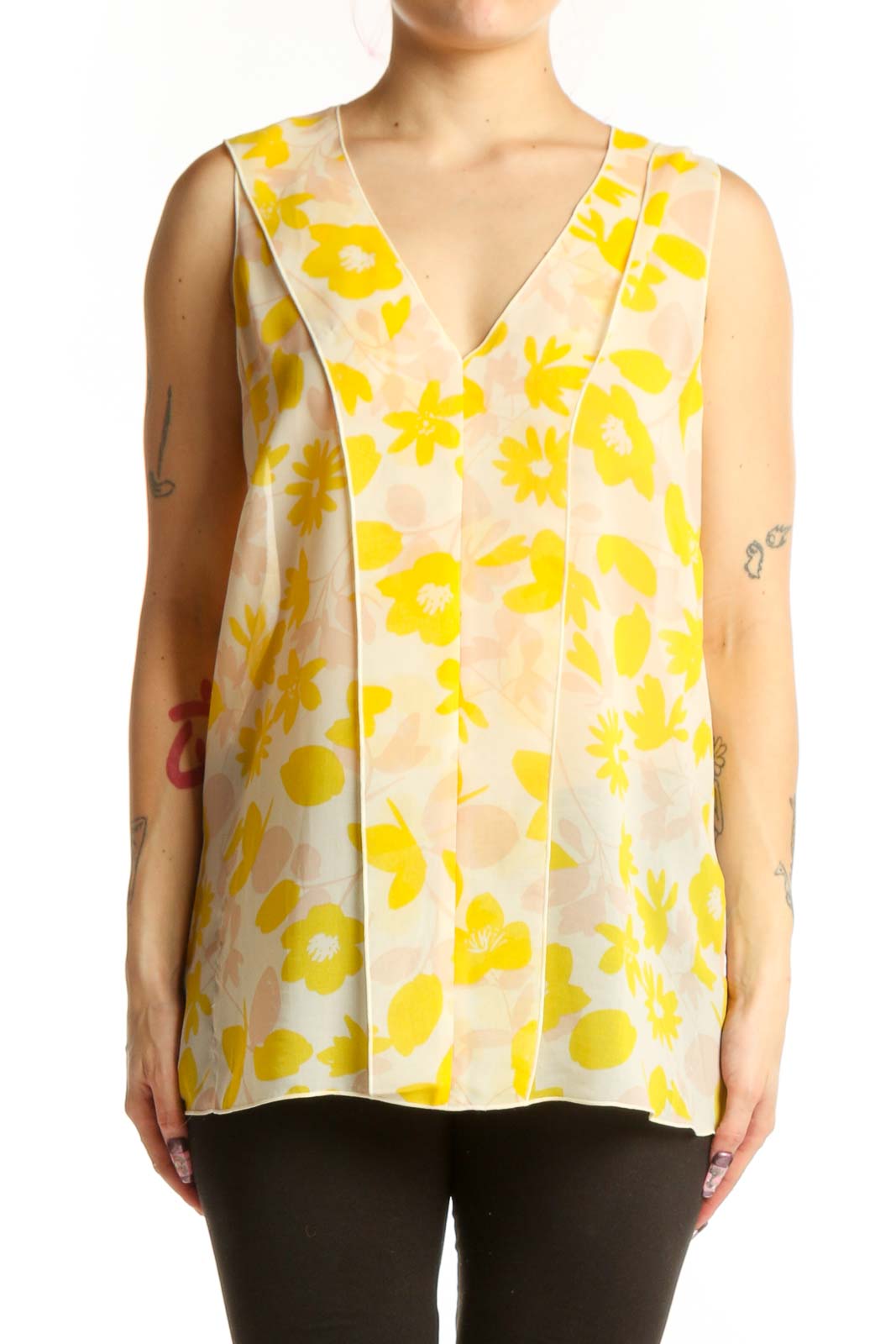 Yellow Floral Print Sleeveless Tank Top Front