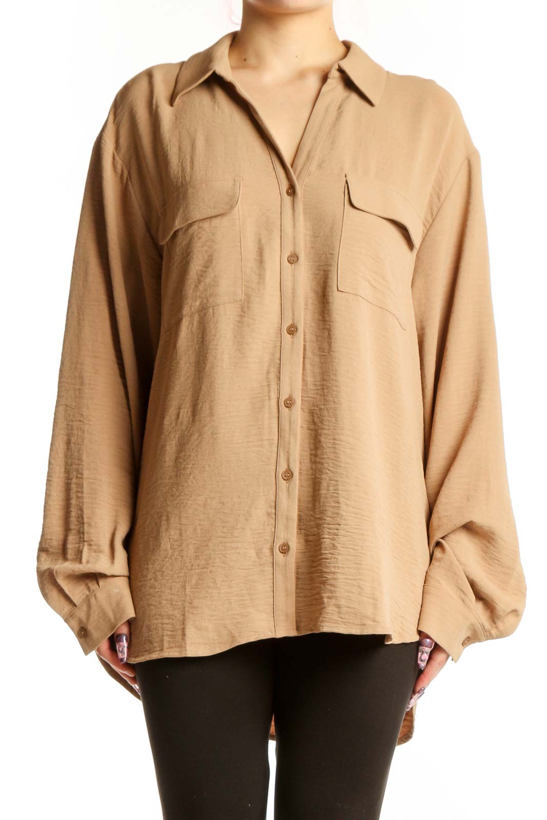 Beige Button-Up Shirt with Chest Pockets Front