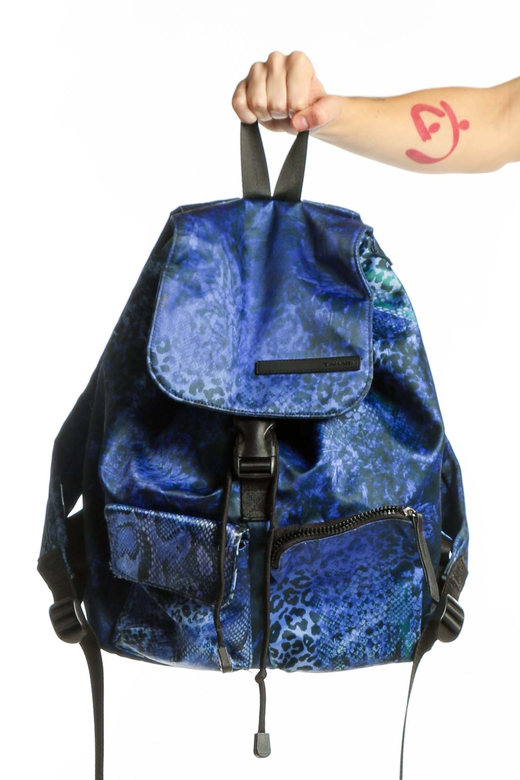 Blue Velvet Backpack with Snake Print Front