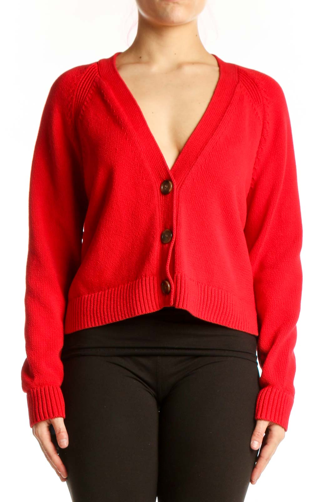 Red Cropped Cardigan Knit Sweater Front