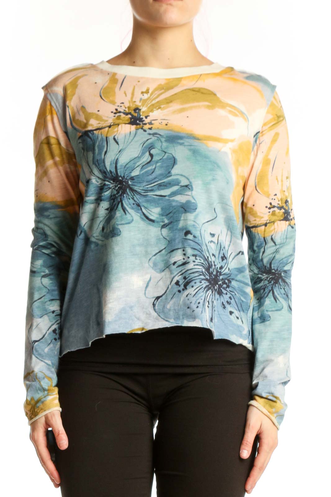 Blue Floral Long Sleeve Cotton Top Front