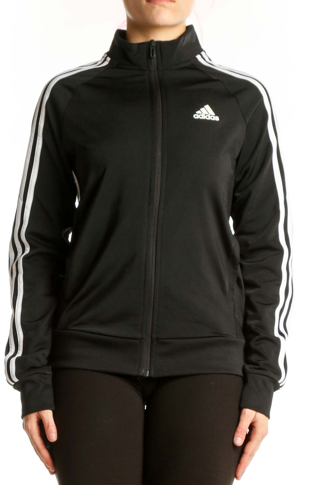 Black Adidas Three Stripe Track Jacket Front