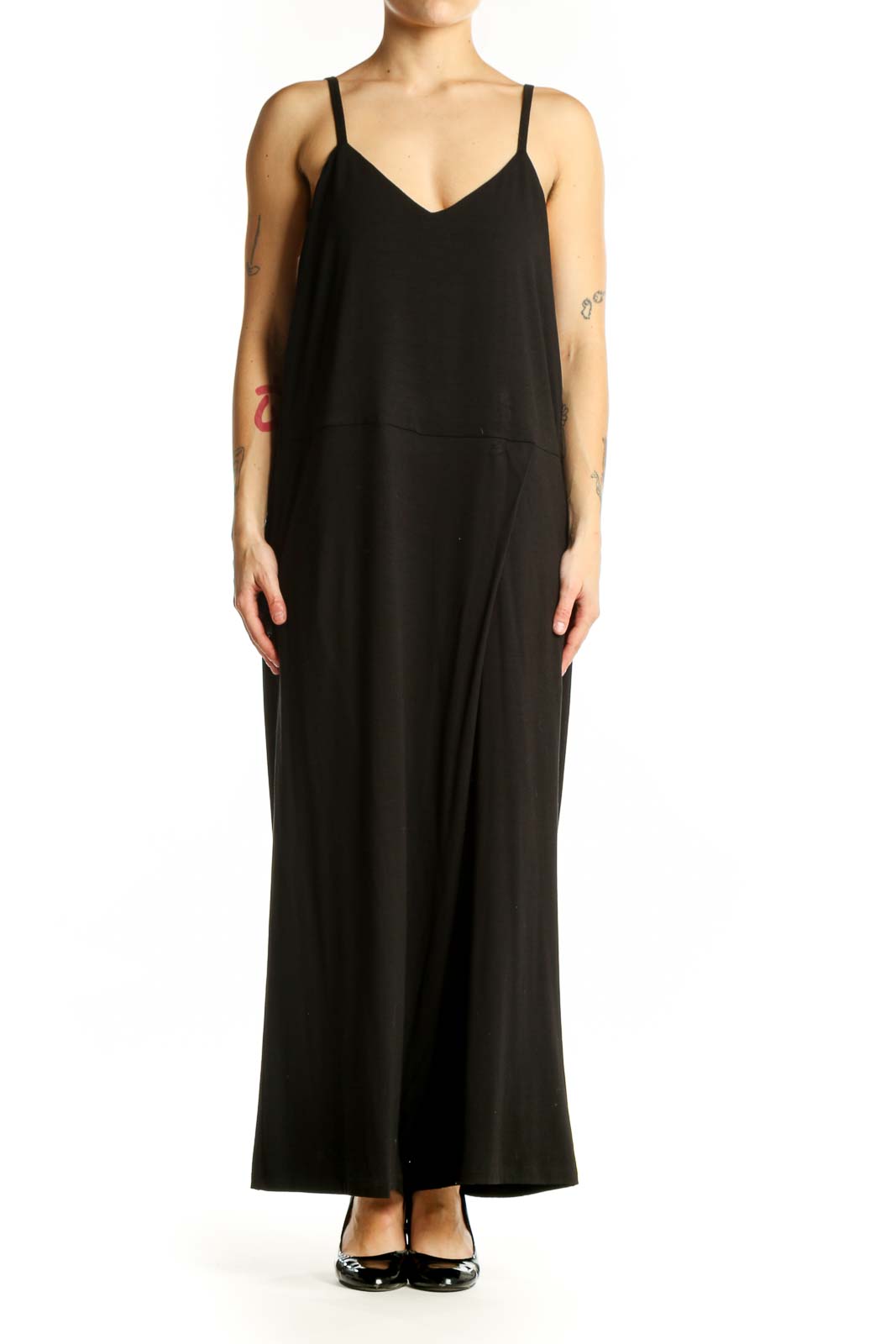 Black Tencel Spandex Camisole Maxi Jumpsuit Front