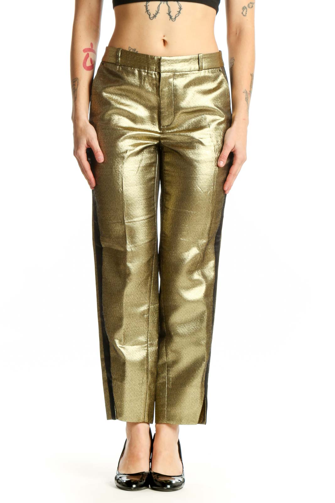 Gold Metallic Cropped Ankle Pants Front