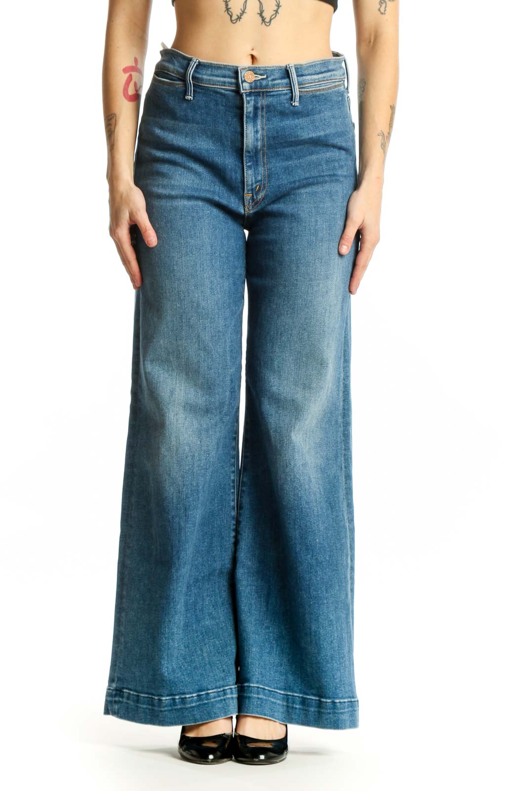 Blue Wide Leg Denim Jeans Front