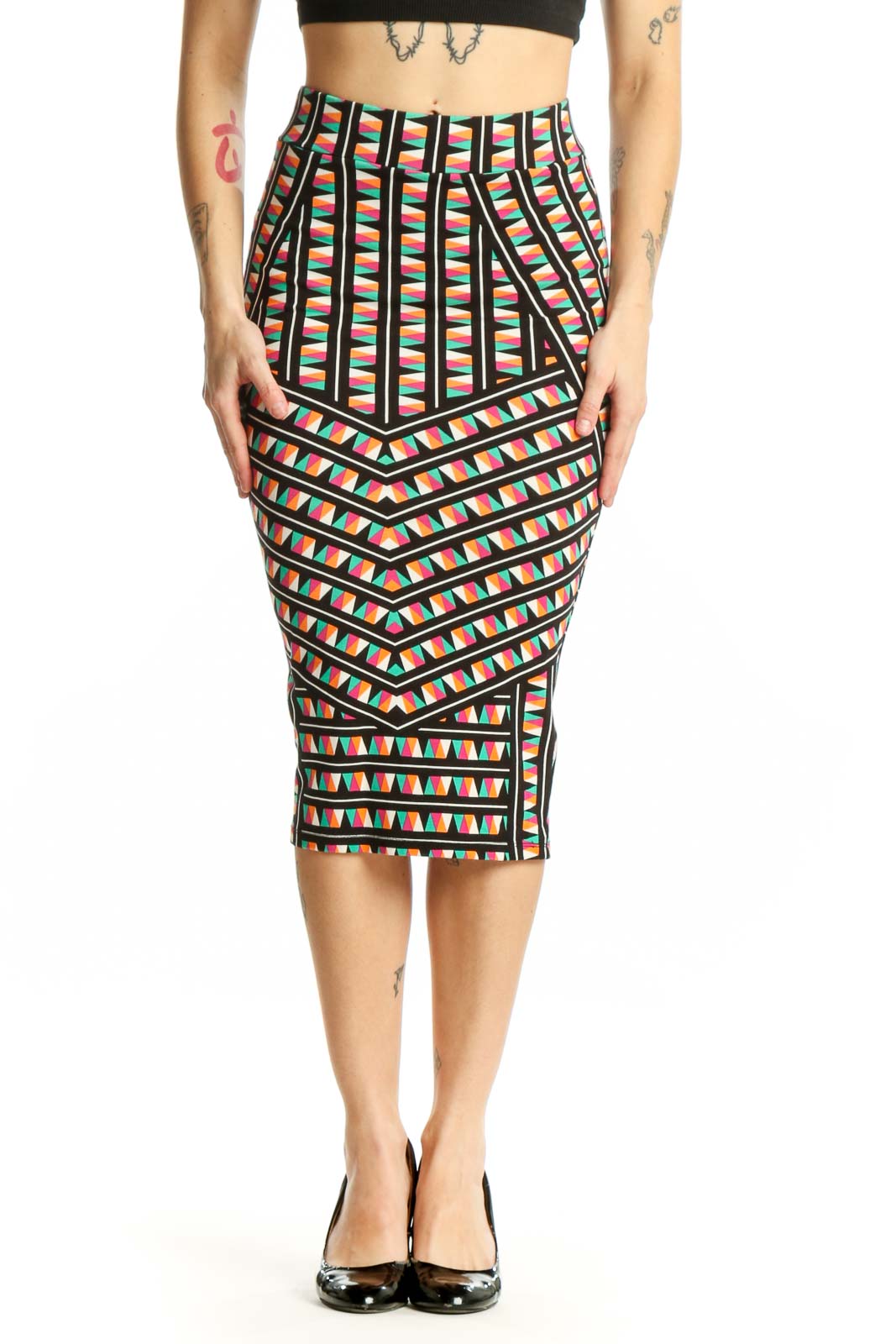 Multicolor Geometric Pleated Midi Skirt Front