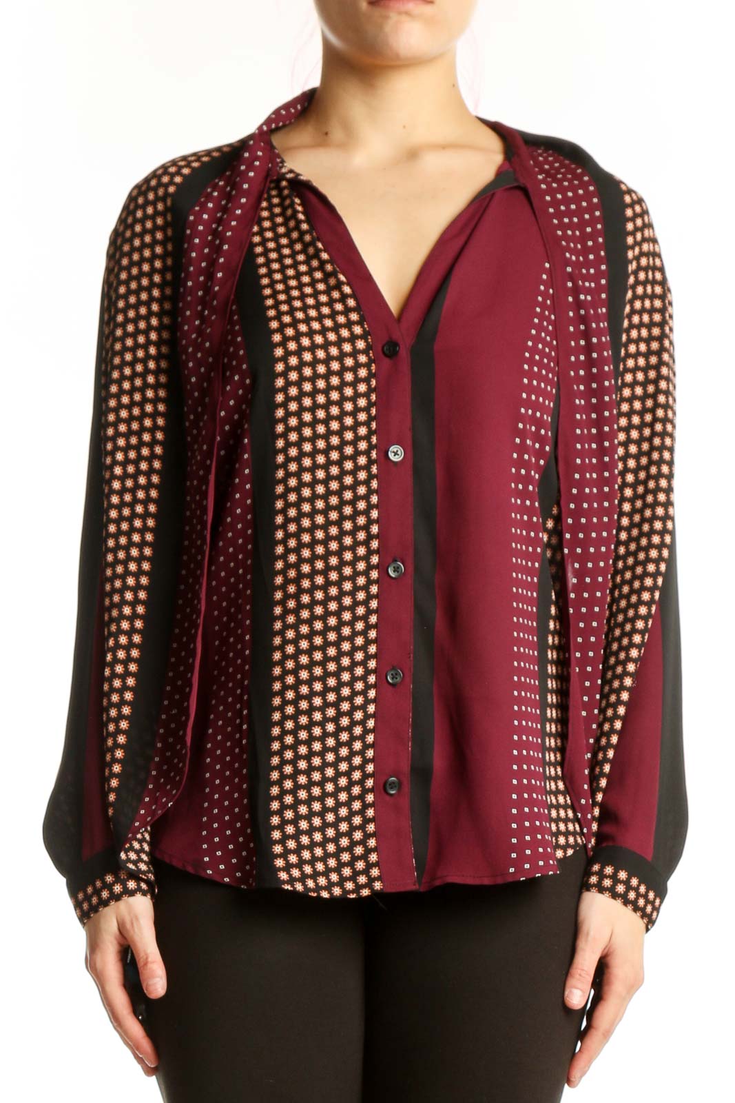 Burgundy Polka Dot Button-Up Blouse Front