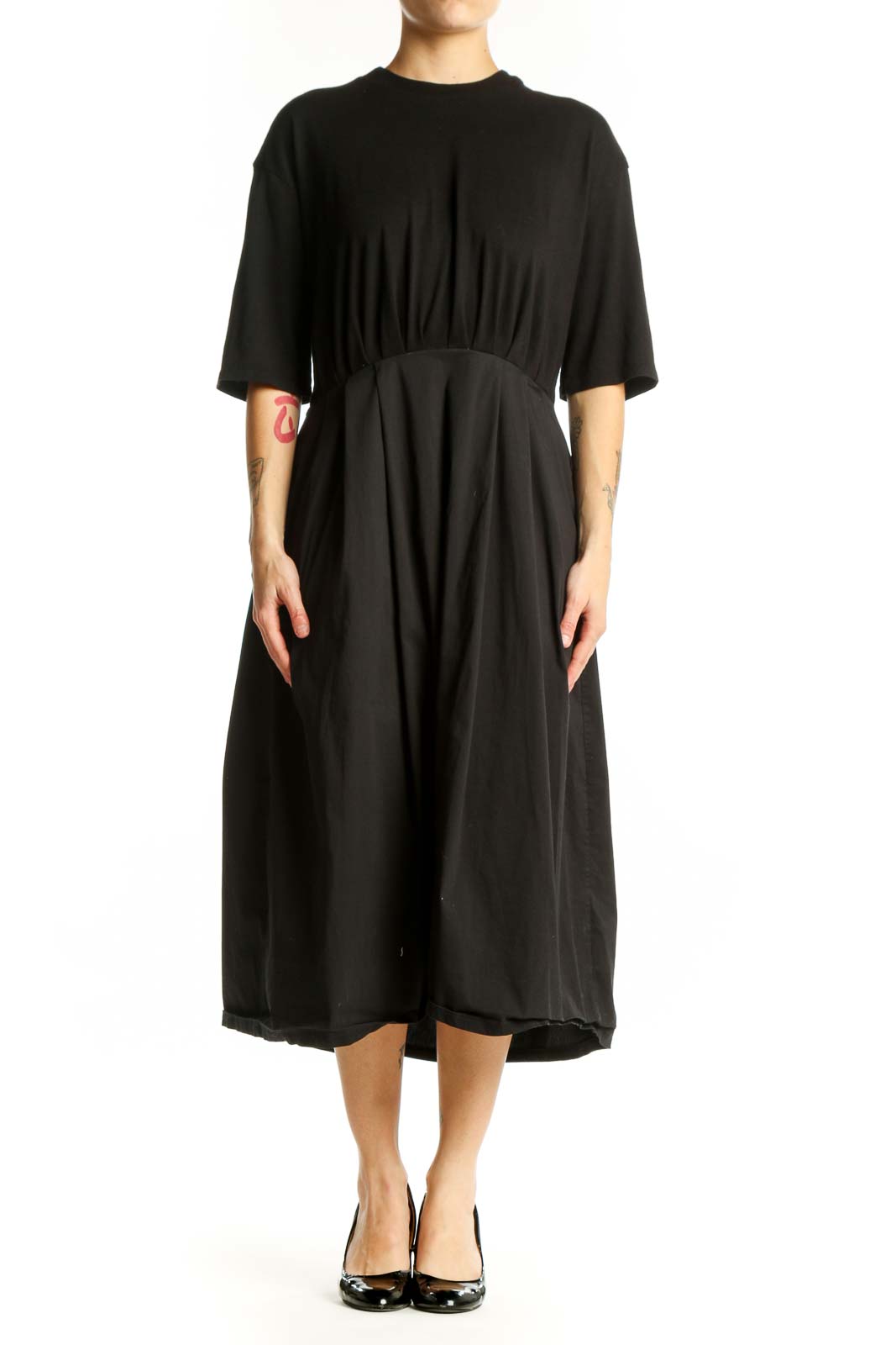 Black Midi Dress with Cinched Waist Front