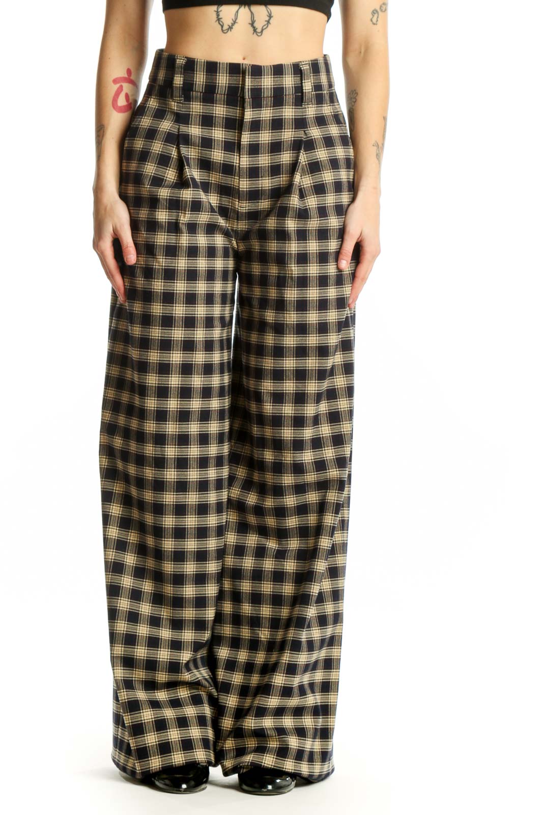 Black and Cream Plaid Wide-Leg Pants Front