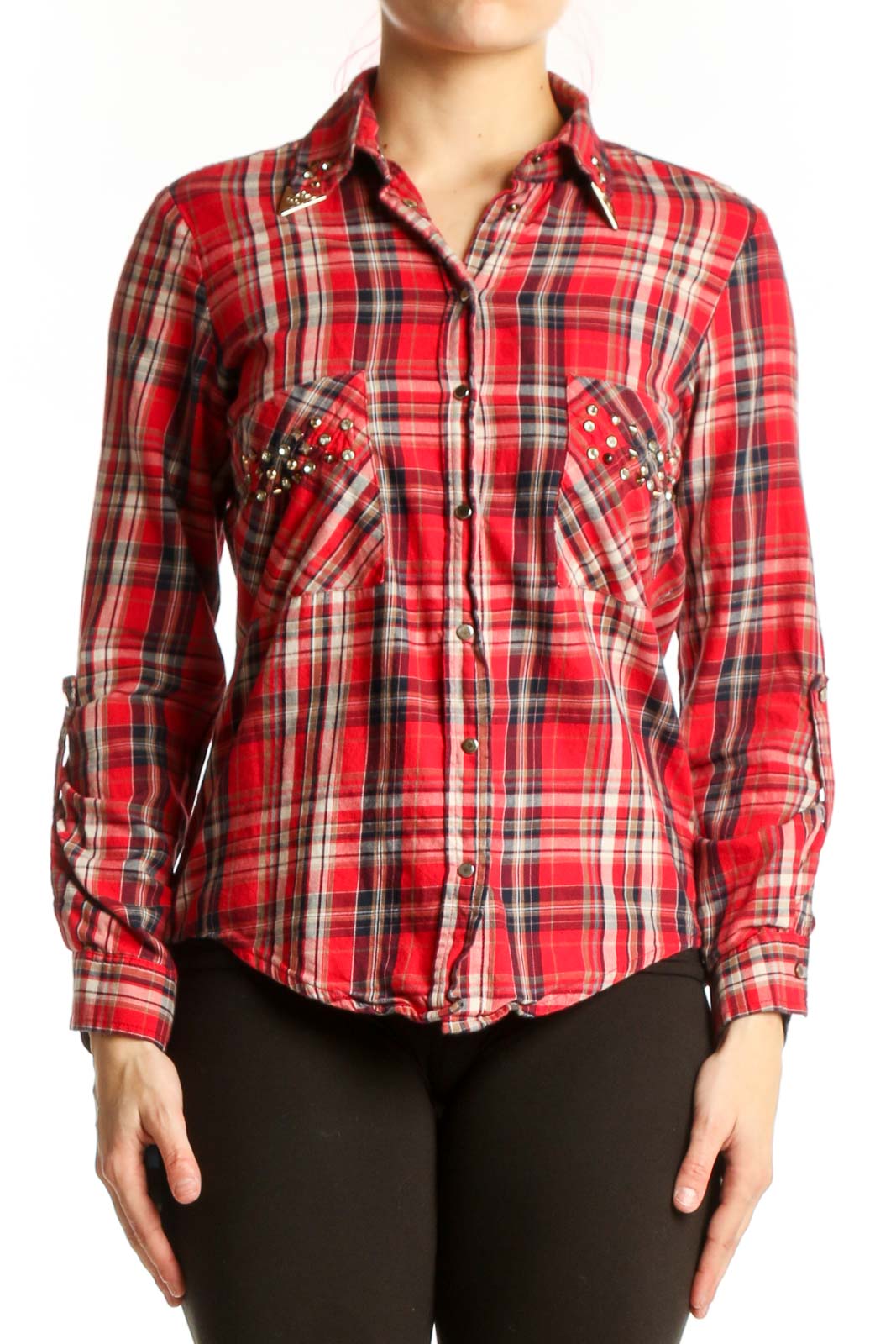 Red Plaid Cotton Button-Up Shirt Front