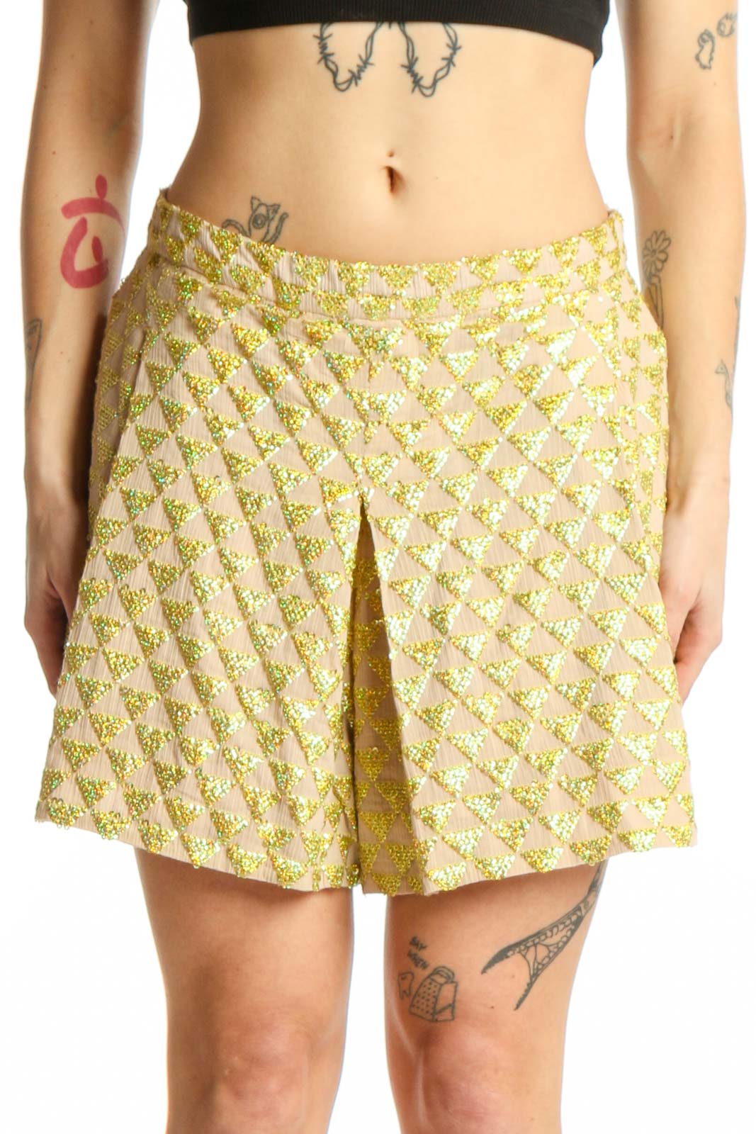 Yellow Floral Print Cotton Shorts Front